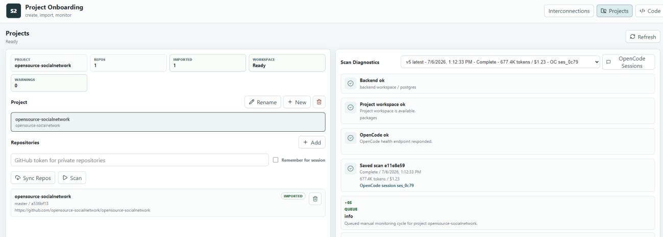 The SysML Repo Modeler onboarding screen showing an imported repository, scan diagnostics, and the completed scan cost and token count